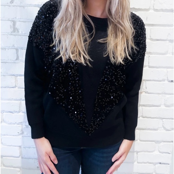 Molly Bracken Women’s Round Neck Tuxedo Sequin Sweater - Picture 2 of 6